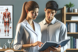 two people looking at a book